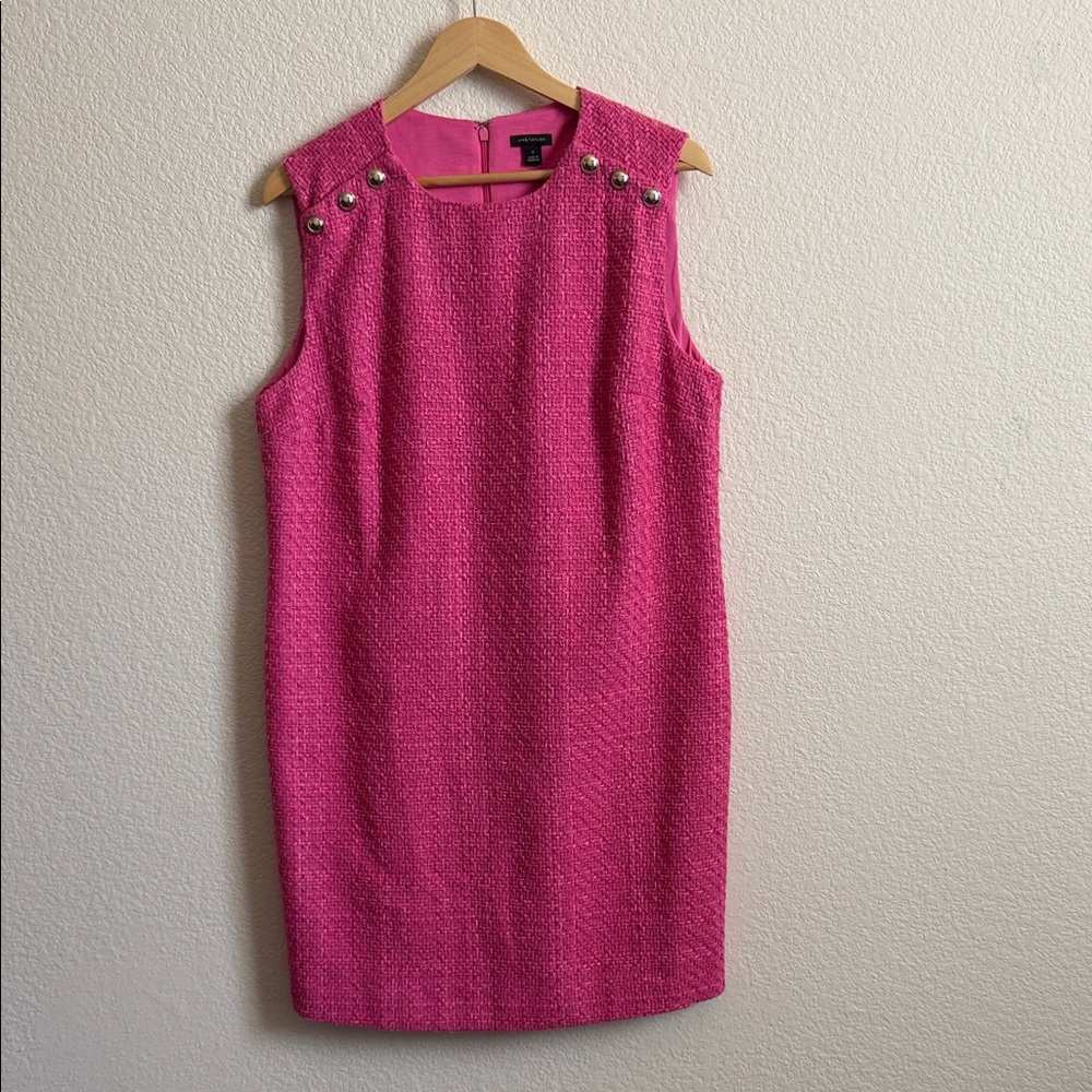 Ann Taylor Pink Tweed Midi Shift Dress Size 12 NWOT Metallic Shoulder Buttons
